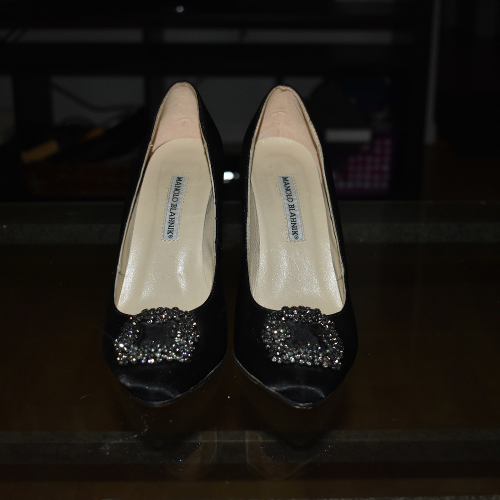 Manolo Blahnik Hangisi Black Satin Jewel Pumps